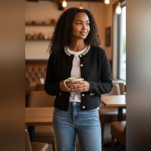 Urban Revivo Elegant Black Cardigan with Embellished Details Size 4